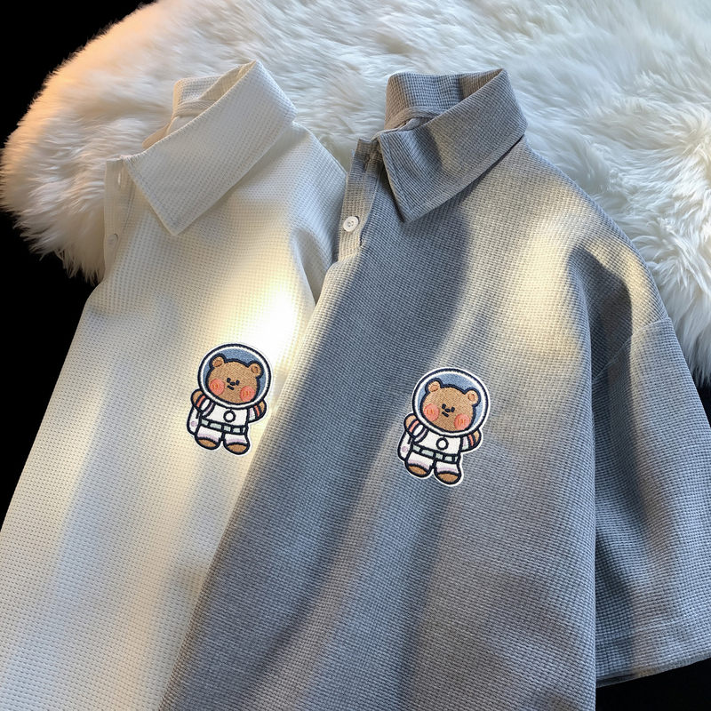 ins翻领男生设计感华夫格polo衫 港大侠Polo衫