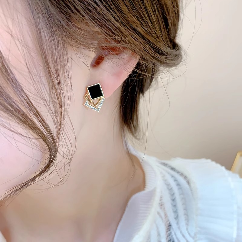 港风叠放方形耳钉女纯银时尚百搭耳环2025新款爆款氛围感独特耳饰