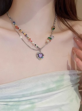 伊灿法式多巴胺水晶串珠爱心项链