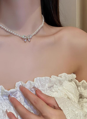 伊灿精致蝴蝶结珍珠项链女小众