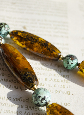 二梦三青【卡尔波之秋】原创小众琥珀项链女绿松石毛衣链复古中古