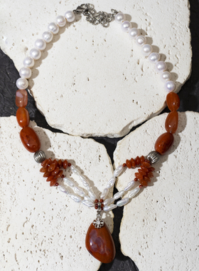 二梦三青【垂帘金銮殿】原创小众天然珍珠南红项链女时尚高级复古