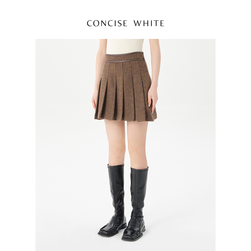 CONCISE-WHITE简白 格纹百褶裙短裙设计师品牌女 - 图0