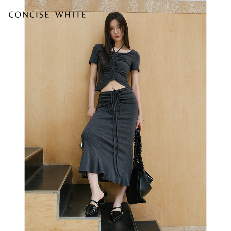 concise-white简白鱼尾露腰t恤短袖女2023夏季新品设计师品牌上衣 - 图2