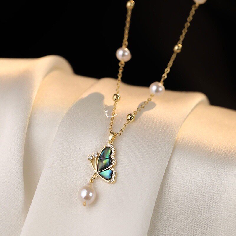 Imitation Pearl Abalone Shell Butterfly Necklace Stud Earrings Ring