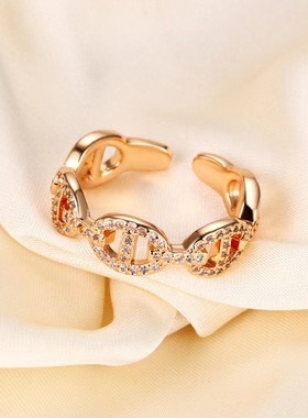 欧美ins猪鼻子满钻925银戒指女