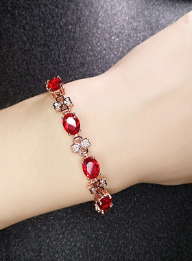 天然红碧玺宝石四叶草手链女