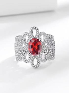 欧美新款满钻鸽子蛋红宝石戒指