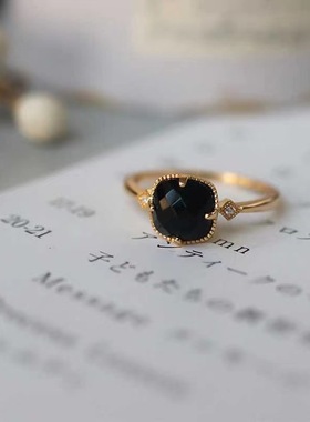 日系方形天然黑玛瑙复古镀金戒指