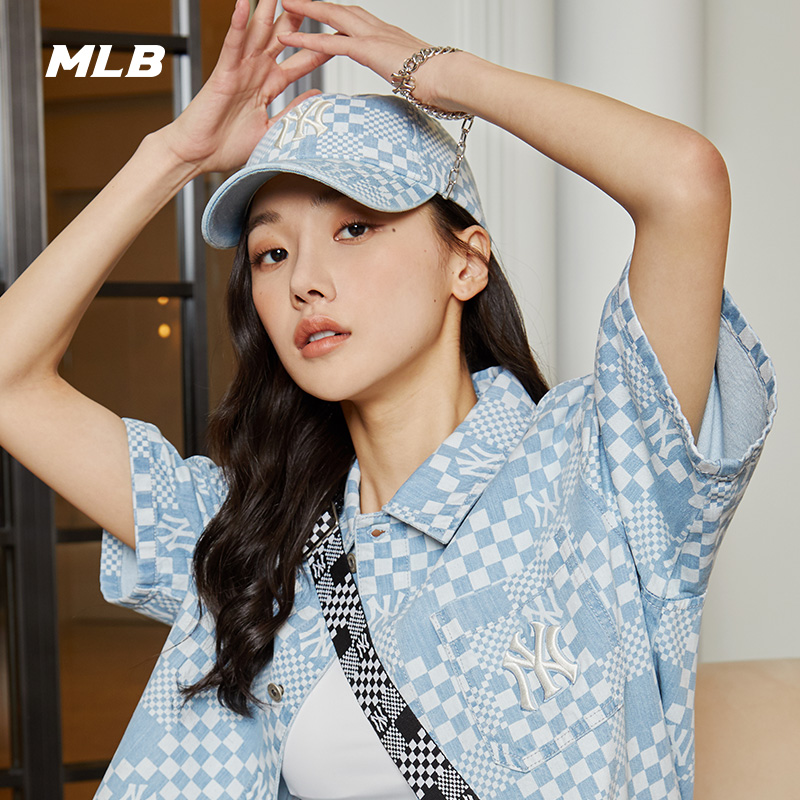 MLB官方 男女情侣帽子牛仔棋盘格软顶遮阳棒球帽复古休闲潮CP86 - 图1