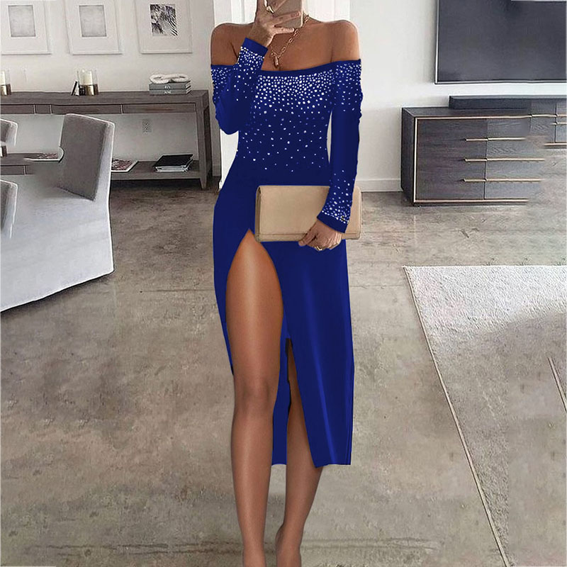 Sexy One-Shoulder Slit Dress Party Bare Leg Dinner Dress-图1