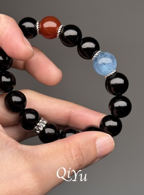 天然黑曜石海蓝宝红玛瑙手串礼盒