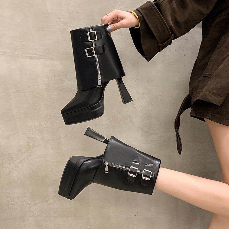 French style high-heeled shoes, waterproof platform, not tired feet, women's short boots, autumn new cos shoes, fashion chimney boots