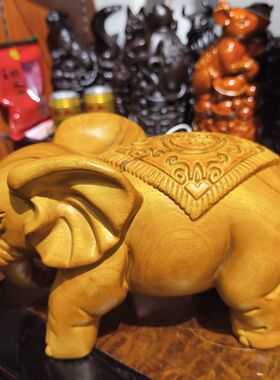 定制招财大象木雕摆件雕刻一对家居对象办公室客厅香樟木葫芦实木