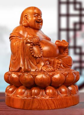 黑檀木雕纯实木雕刻弥勒佛莲花宝座摆件佛像红木家居玄关送礼
