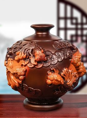 香樟木雕刻金玉满堂花瓶摆件年年有鱼客厅插花装饰家居实木质工艺