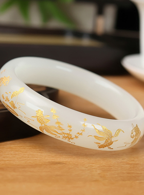 新疆和田玉白玉手镯女款时尚羊脂玉平安镯玉镯金玉满堂镶嵌镯子