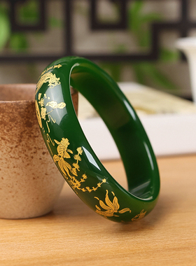 天然新疆和田玉碧玉手镯女款时尚菠菜绿玉石玉镯金玉满堂镶嵌镯子