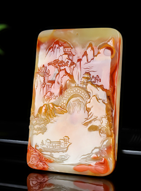 天然和田玉籽料山水玉牌手把件招财山水牌把玩件平安挂件新疆玉器