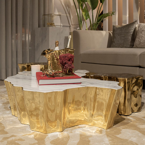 BOCA DO LOBO意式轻奢树根茶几蚀刻不锈钢高级感新款高低组合边几 - 图0