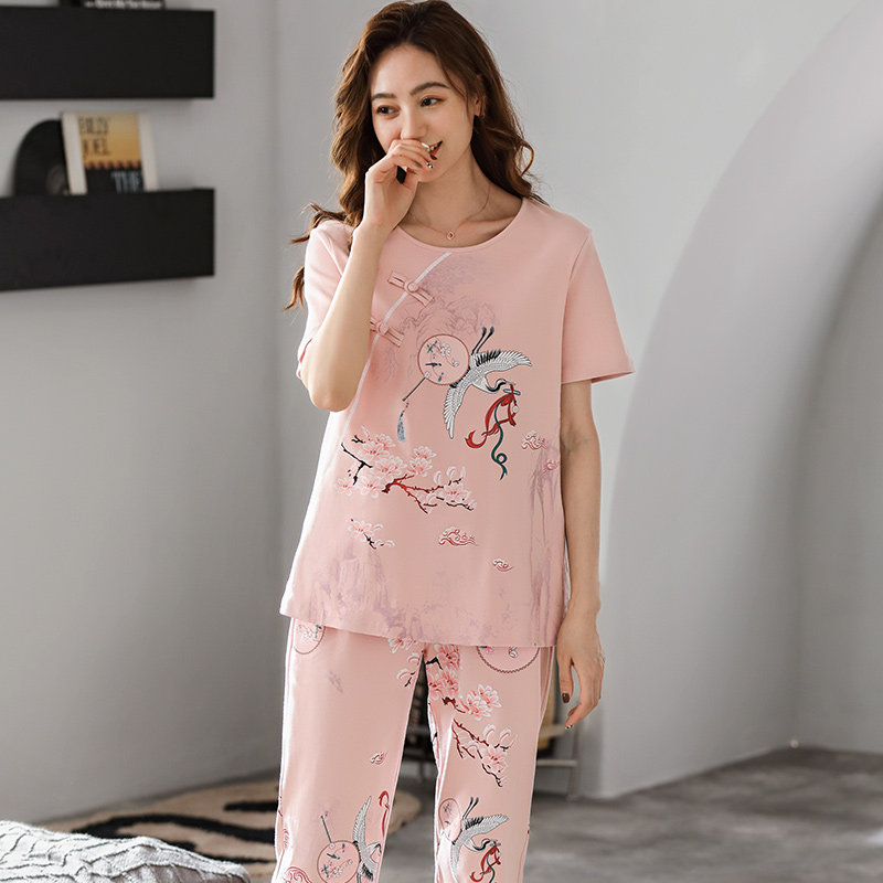 中年短袖夏天纯棉套头休闲女睡衣 姵娇兰睡衣/家居服套装