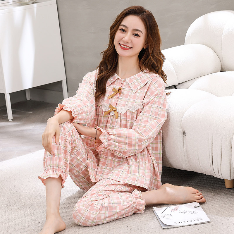 新款春秋季纯棉长袖可外穿格子睡衣 姵娇兰睡衣/家居服套装