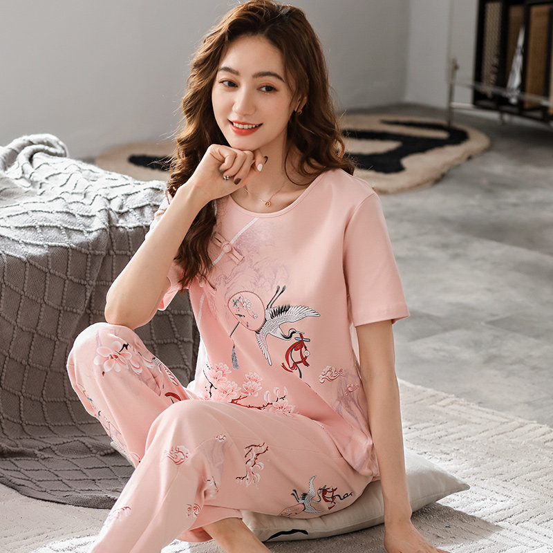 中年短袖夏天纯棉套头休闲女睡衣 姵娇兰睡衣/家居服套装