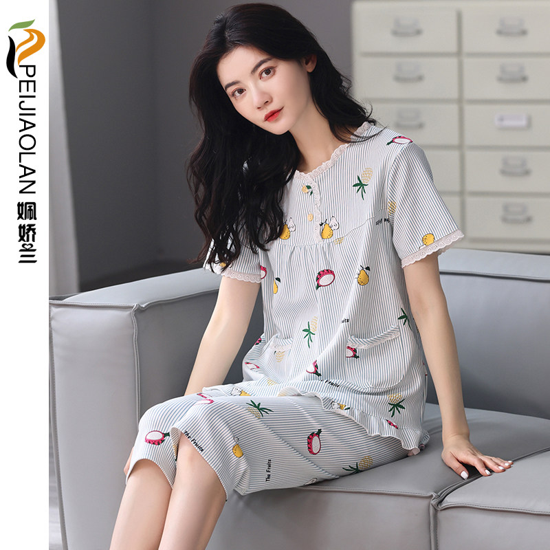女士纯棉短袖七分裤可外穿中年睡衣 姵娇兰睡衣/家居服套装