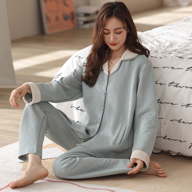 秋冬季纯棉夹层加棉开衫长袖睡衣 姵娇兰睡衣/家居服套装