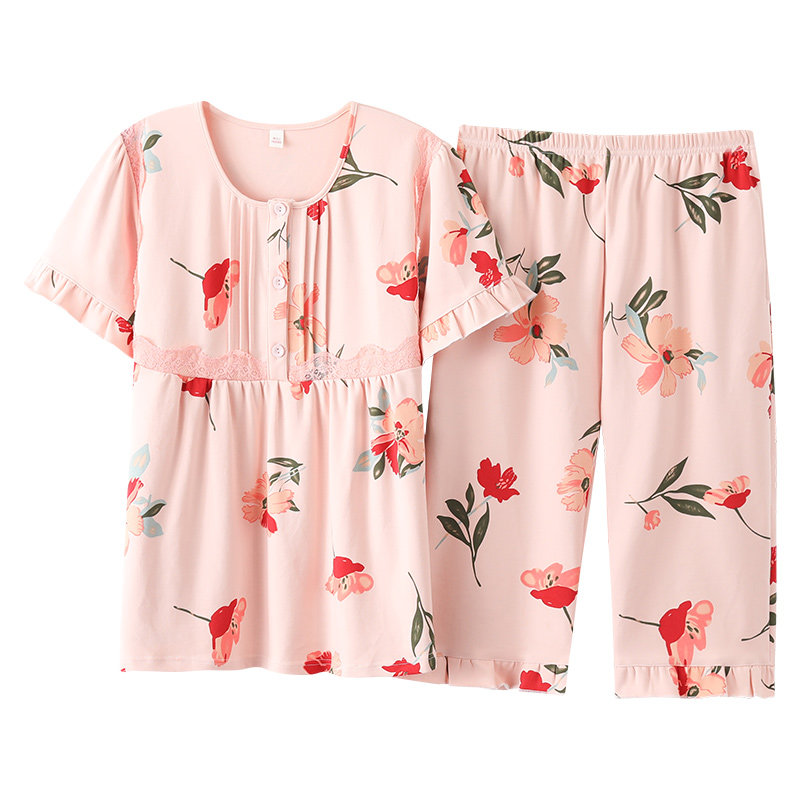 新款女士纯棉短袖7分裤中年睡衣 姵娇兰睡衣/家居服套装