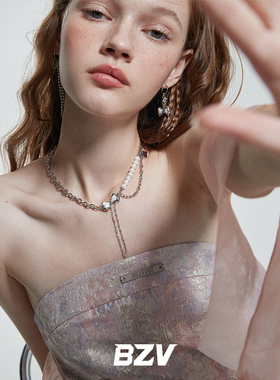 BZV蓝色幻彩蝴蝶结珍珠锆石项链