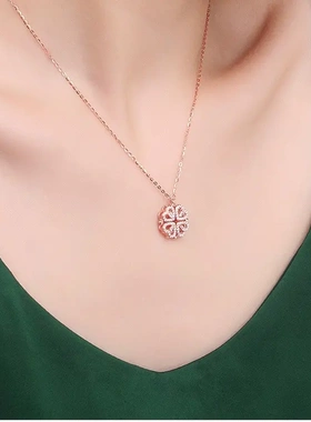 夏幸运爱心磁吸锁骨链四叶草锆石吊坠925纯银项链女1