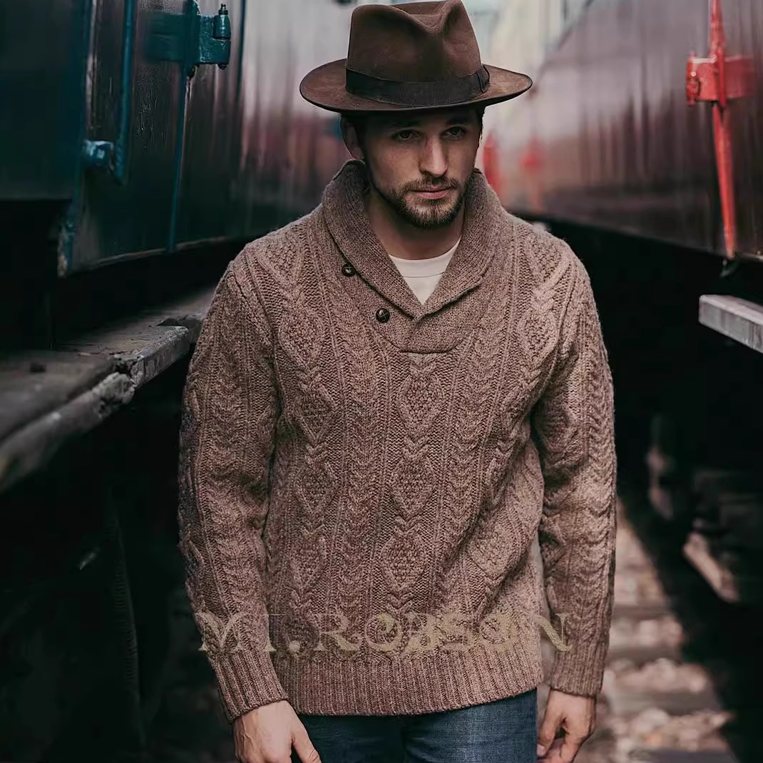 MT.Robson 重磅羊毛圆领衫套头衫毛衣美式复古阿兰羊毛进口粗针 - 图1