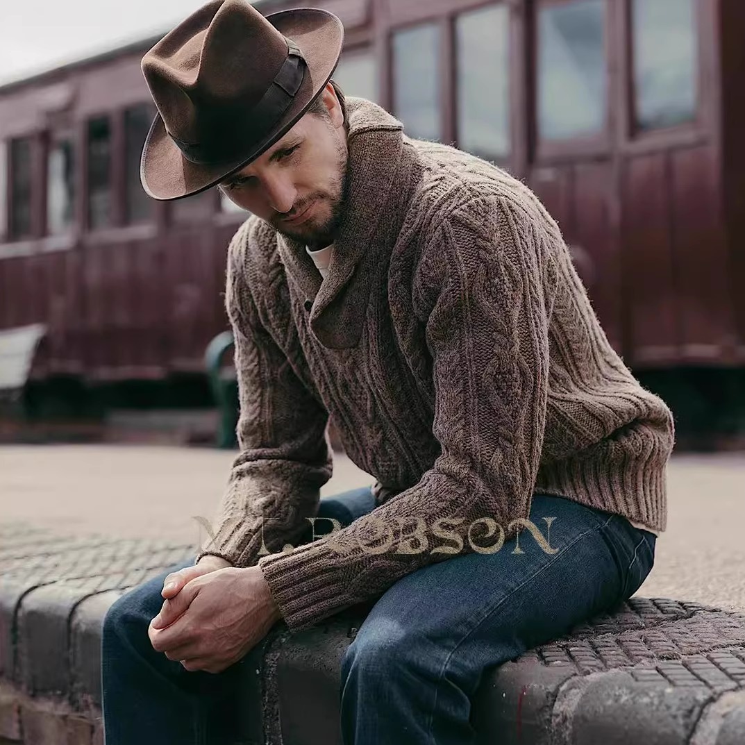 MT.Robson 重磅羊毛圆领衫套头衫毛衣美式复古阿兰羊毛进口粗针 - 图0