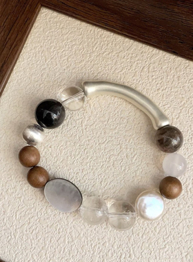 S925银配珠竹节天然巴洛克褶皱银曜石白水晶檀木玛瑙手链时尚手串