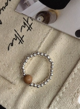 S925银天然绿玛瑙檀木银珠戒指套装中式美学极简冷淡风日常百搭潮