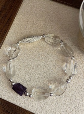 S925银奥地利k9水晶切面随形天然紫水晶手工拉丝尖梭银珠手链女潮