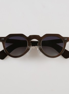 铆钉饰拱形突鼻梁超薄开车驾驶深咖啡暗红色牛角圆形框墨镜太阳镜