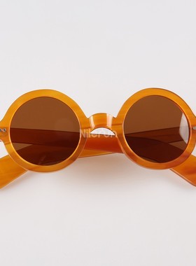 经典圆形边框铆钉透明咖啡果冻桔红色印度牛角TAC偏光太阳镜墨镜
