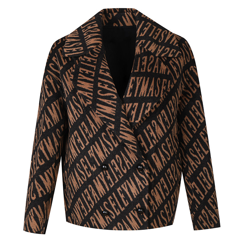 Maseley/玛塞莉热销冬季新款女装时尚直筒气质印花短款毛呢大衣