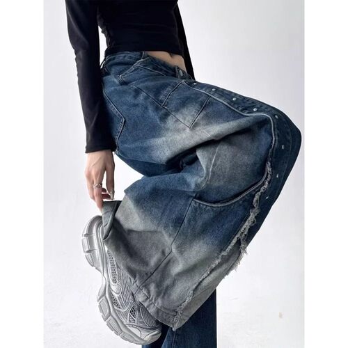 美式复古拼接女夏季宽松牛仔裤 Retro Patchwork Loose Jeans - 图0