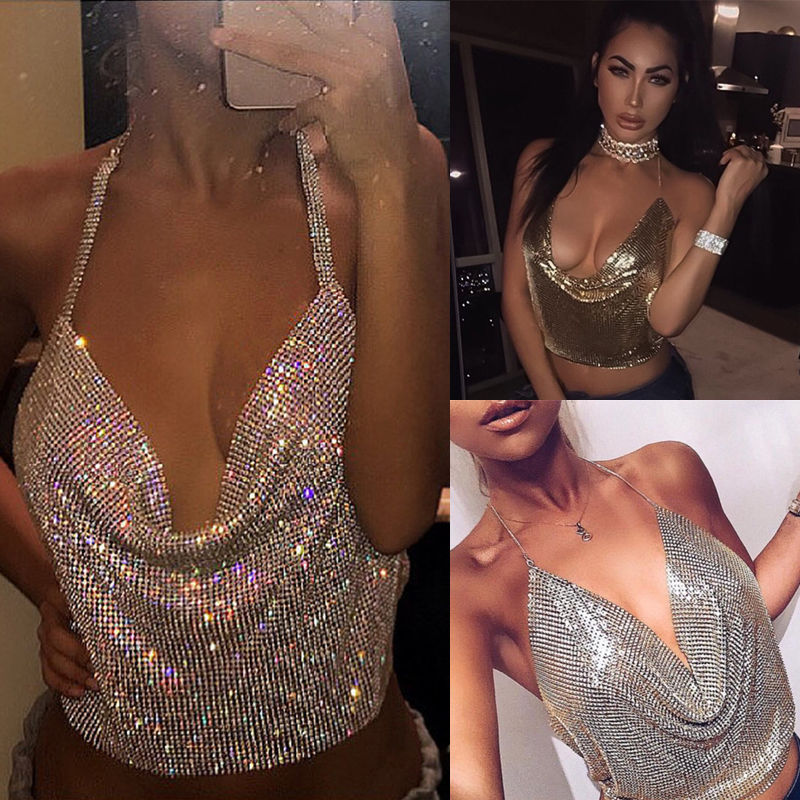 Metal Sequin Chain Open Back Camisole金属亮片链露背吊带背心-图0