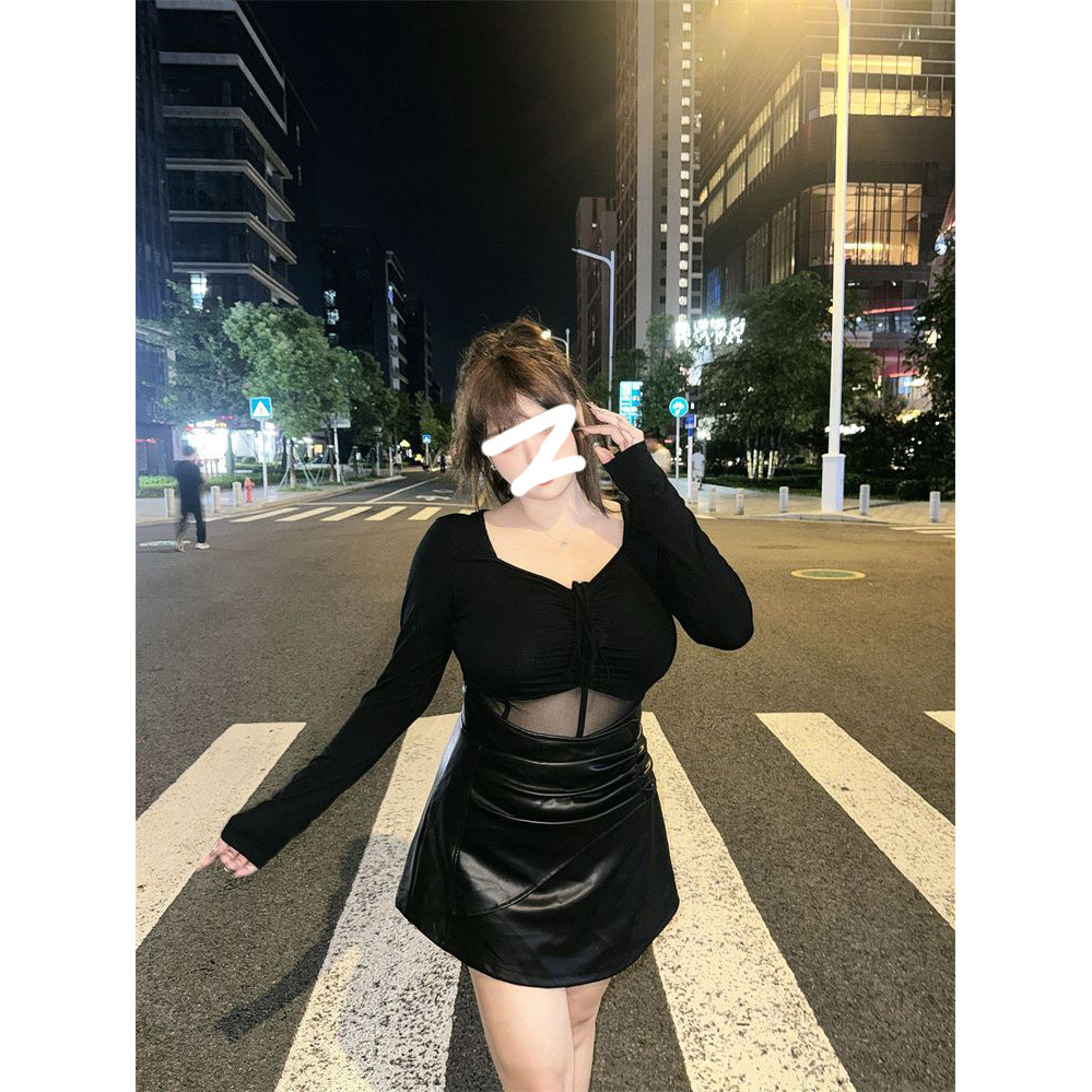 微胖大码潮流时髦美式复古辣妹套装女秋季新款上衣皮裙百搭两件套 - 图2