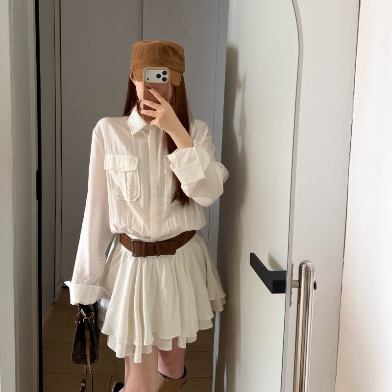 韩系小众极简温柔通勤风白色衬衫短裙新款时尚翻领连衣裙＋腰带,淘宝优惠券,粉丝福利购,淘宝优惠卷