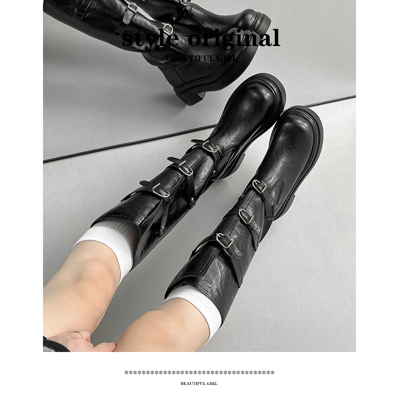 苏茵茵同款超模靴~6cm厚底高筒皮带扣长靴骑士靴复古粗跟女靴秋冬 - 图1