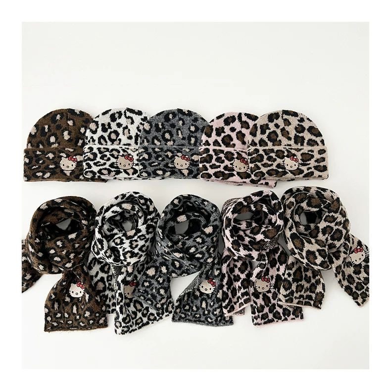 ins豹纹kitty儿童围巾帽子女童针织护耳套头帽时髦宝宝冬保暖套装,淘宝优惠券,粉丝福利购,淘宝优惠卷