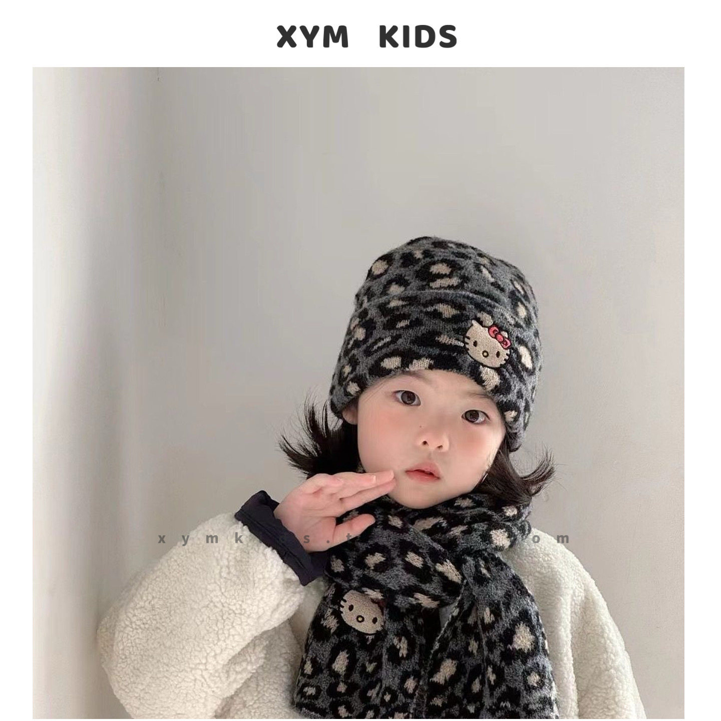 ins豹纹kitty儿童围巾帽子女童针织护耳套头帽时髦宝宝冬保暖套装,淘宝优惠券,粉丝福利购,淘宝优惠卷