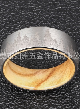 热销8mm钨钢戒指抗敏感橄榄木内圈镭射森林男士结婚礼物