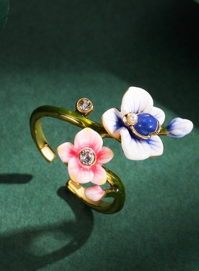 原创设计珐琅彩釉兰花开口可调节戒指轻奢手绘粉蓝双色花朵指环女