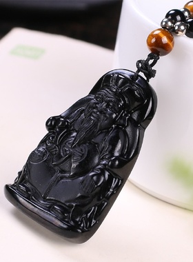 天然黑曜石土地公吊坠福德正神水晶挂坠社神男女通用情侣项链